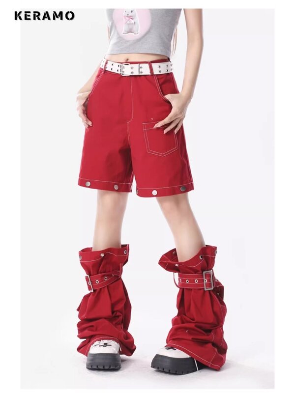 American Retro Red High Waist Straight Jeans Women's Hip-hop Pockets Pants 2024 Spring Casual Y2K Grunge Street Denim Trouser