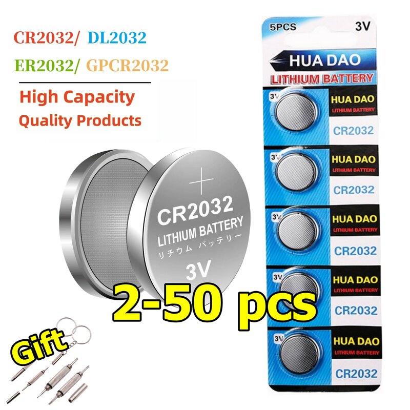 CR2032 3V Bateria De Lítio, Botão Coin Cell, Relógio, Brinquedo, Calculadora, Chave Do Carro, DL2032, ECR2032, 210mAh, 2-50Pcs