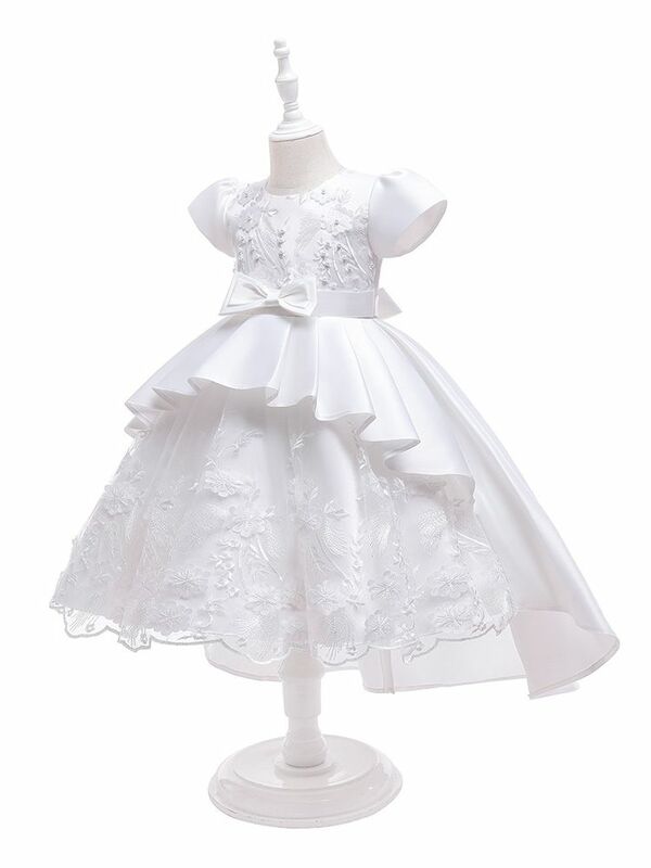 4-9Y Girls Wedding Party Dress Fashion O-Neck Puff Short Sleeve Embroidery Performance Clothing Birthday Evening Trailing Gown
