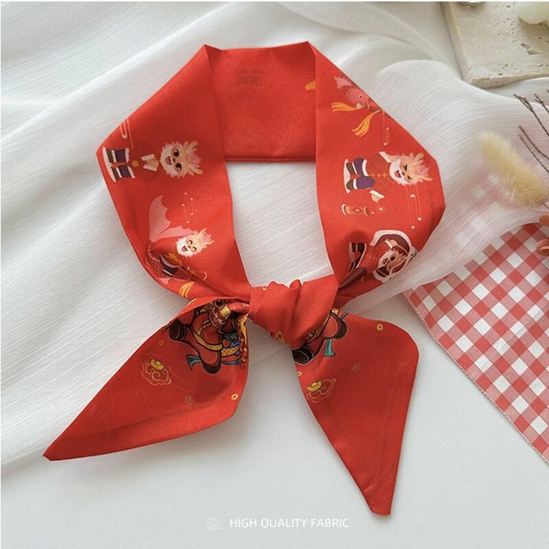 Dragon Pattern New Year Red Silk Scarf New Year Scarves Printed Long Scarf Scarf Accessories Hair Tie Scarf Hair Band