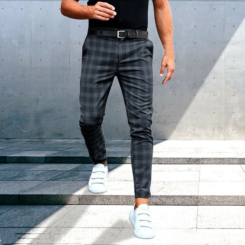 Calça comprida xadrez casual masculina, calça justa, terno formal de negócio, calça reta stretch, moda masculina, nova, 2024