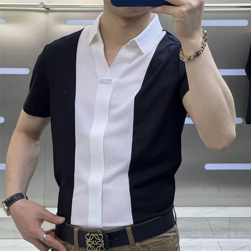 Biuro biznesowe casualowe męskie z dekoltem Polo obcisła koszulka 2023 modne koreańskie patchworkowe koszulka z krótkim rękawkiem letnie odzież męska