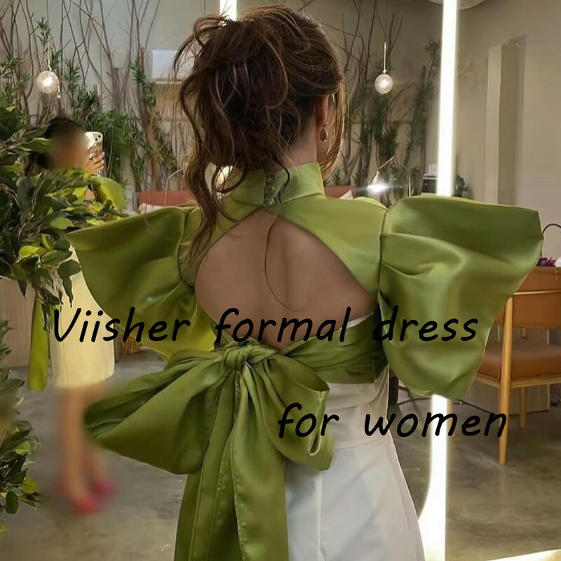 Gaun malam putri duyung Satin gading hijau gaun Prom Formal Dubai Arab leher tinggi lengan panjang gaun pesta panjang punggung terbuka