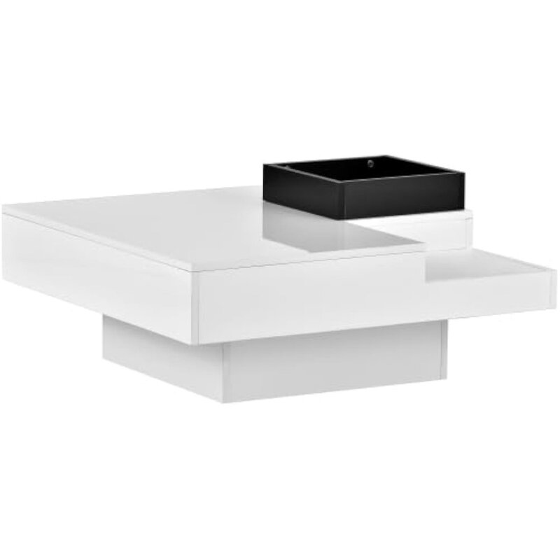 Coffee table modern minimalist design with removable tray and plug-in 16 color LED strip light living room remote, white