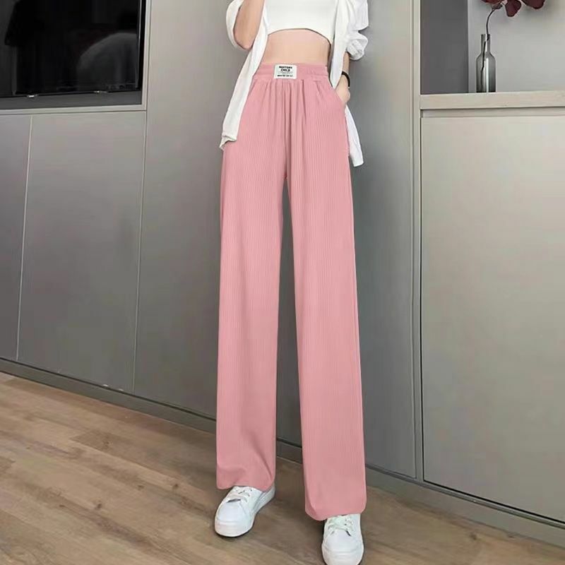 Letnie damskie cienkie, modne koreańskie luźne luźne spodnie z szerokimi nogawkami nowa jednolity wysoki talia lodowy jedwab kieszenie wyszczuplające proste spodnie