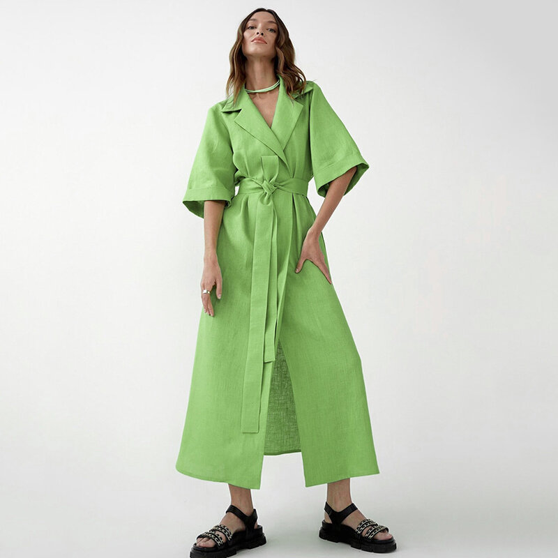 2024 Summer New French Fashion Women's Cotton And Hemp Long Skirt Design Sense A-line Skirt, Suit Collar Dress