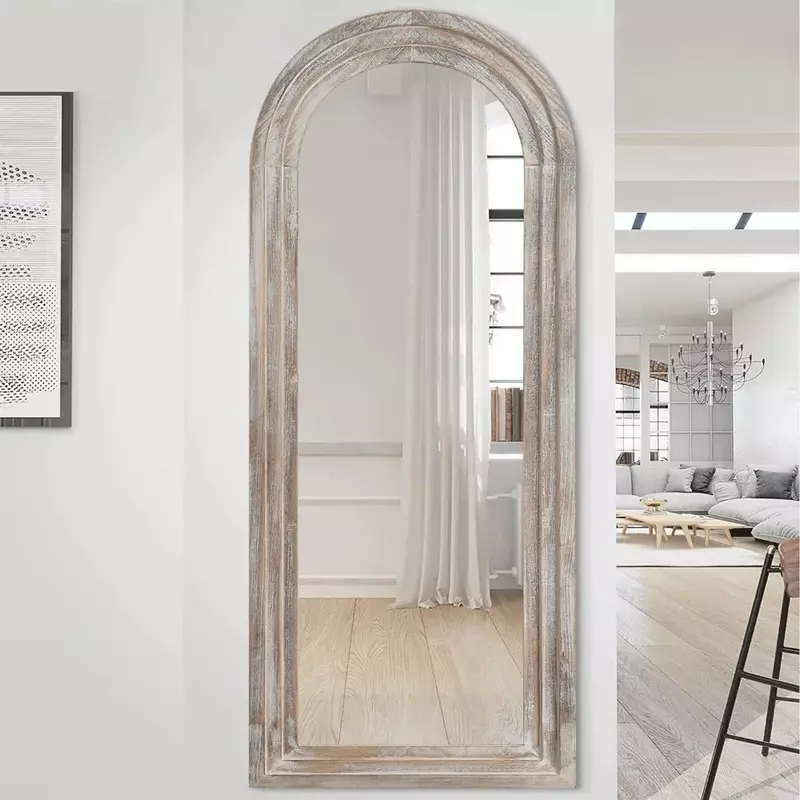 Cermin lantai melengkung panjang penuh, kaca lantai 65 "x 22" bingkai kayu pedesaan dipasang di dinding untuk kamar mandi kamar tidur ruang tamu, putih