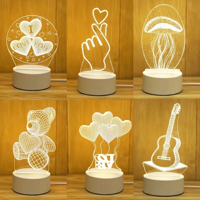 Lampe LED 3D en acrylique Love Romantic pour la maison, veilleuse pour enfants, lampe de table, décor de fête de Noël, lampe de chevet du jour de Léon