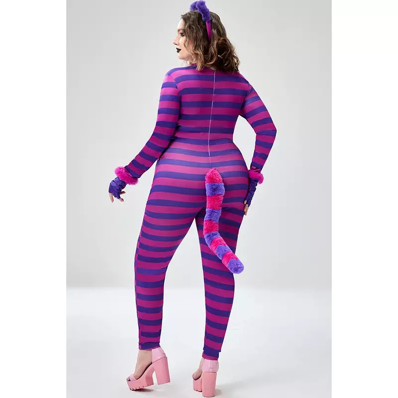 Jumpsuit rajut ukuran Plus, baju terusan rajut kucing Cosplay lengan panjang ungu (dengan tutup kepala dan sarung tangan)