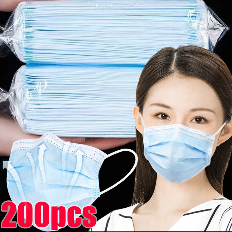 Mascarilla protectora desechable para adultos, máscara de 3 capas con filtro, color azul y blanco, 50/200 piezas