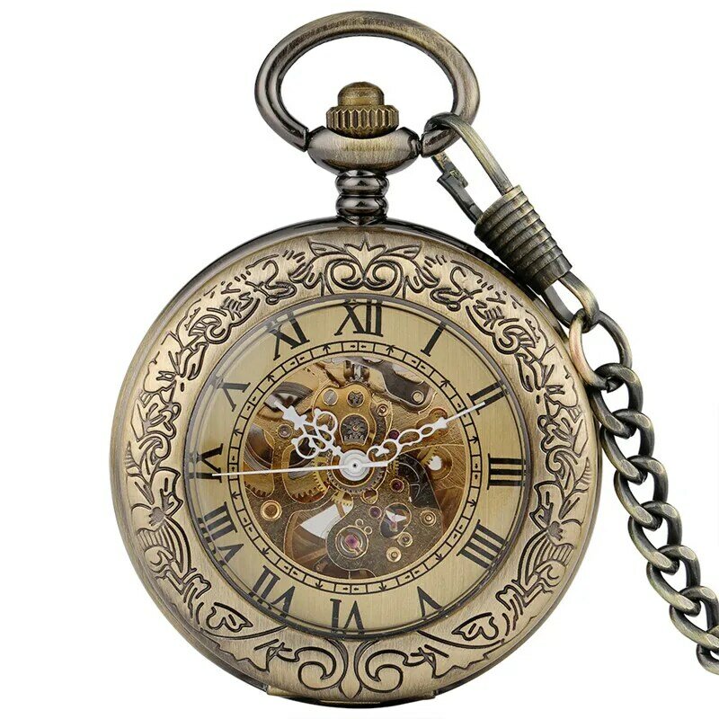 Jam tangan saku antik pria, arloji mekanis otomatis setengah pemburu casing tampilan nomor Roman dengan rantai liontin Reloj