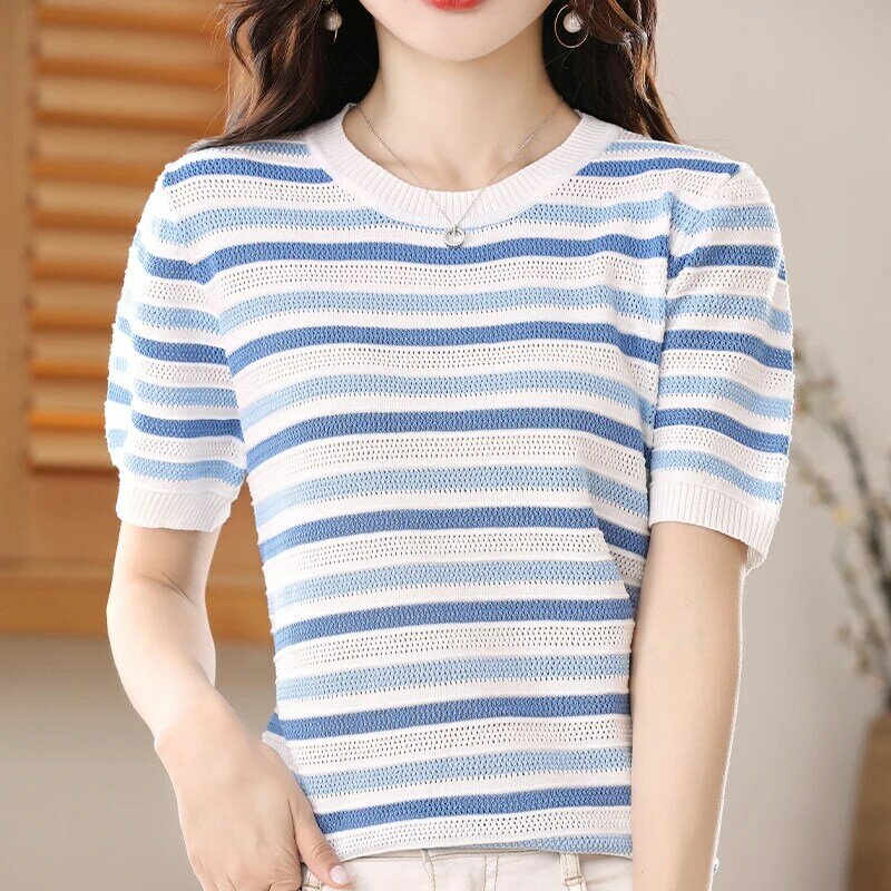 2024 Four Seasons Muze Summer New Ice Silk Half Sleeved Women's Round Neck Colored Hollow Out Elegance High Grade Knitted Top