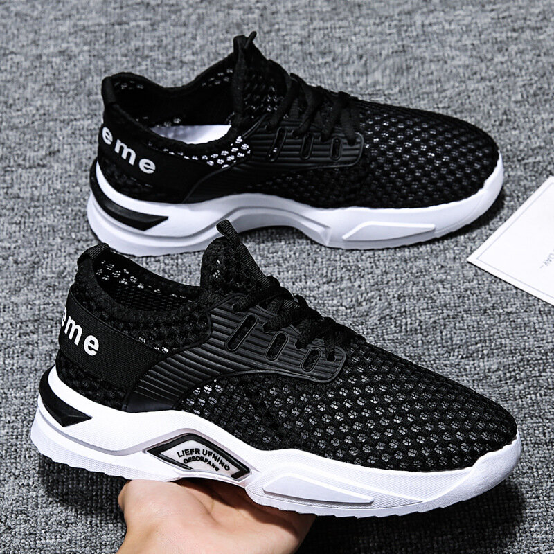 Sapatos masculinos de malha respirável, tênis leve, sapatos da moda, tamanho grande, branco e preto, sapatos casuais