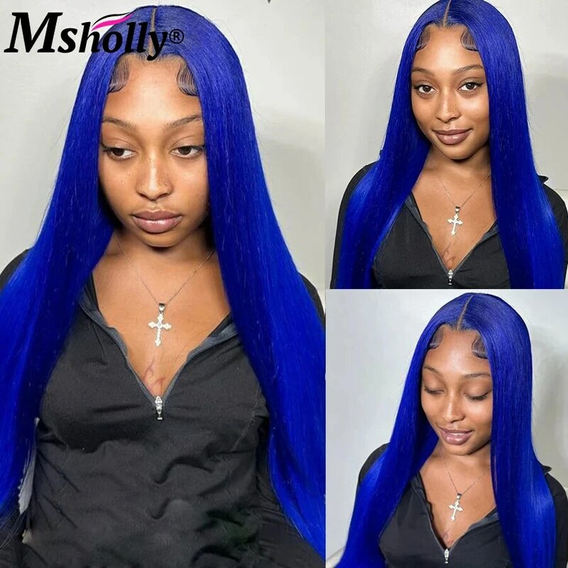 Perruque Lace Front Wig Remy Brésilienne Naturelle, Cheveux Longs Lisses, Bleu Foncé, 13x4 HD, pour Femme