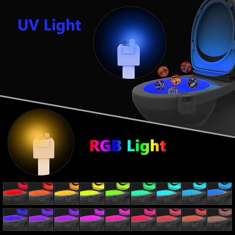 LED Motion Sensor Toilet Light com função de desodorização incenso, lâmpada de esterilização ultravioleta, Nightlights, 16 cores