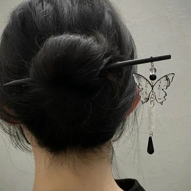 Chiński styl motyl spinka do włosów kaligrafia kij z frędzlami z żywicy zapięcie do włosów okrągły wisiorek Ornament Hanfu biżuteria moda