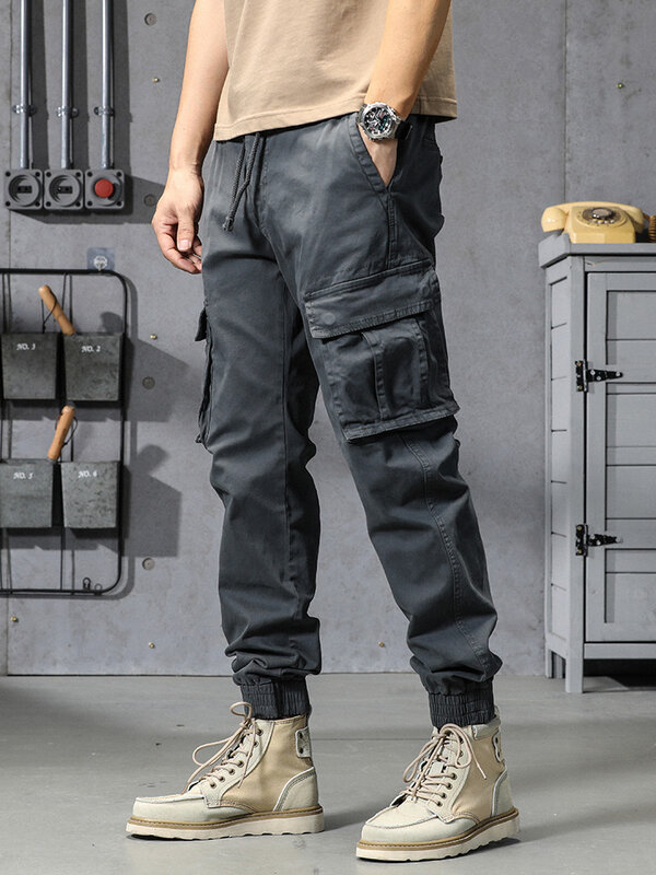 Spring Summer Men's Cotton Cargo Pants Multi-Pockets Army Military Slim Fit Joggers Workwear Casual Cotton Tactical Trousers