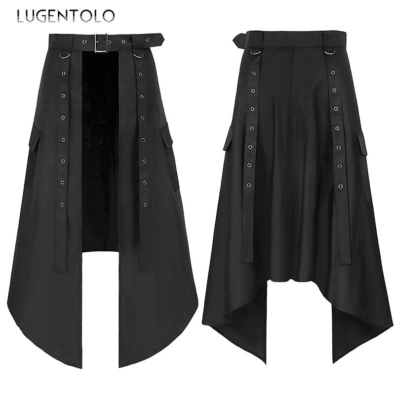 Lugentolo-男性用の黒の非対称ミドル丈スカート,ロックスタイル,パンク,スチームパンク,パーティー,ファッショナブル,ソリッド,新しい個性,非対称