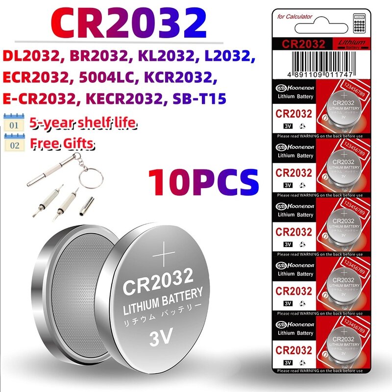Original CR2032 Lithium Button Coin Cell, Compatível com AirTag, Chave, FOBs, Calculadoras, Relógios, Etc, 10Pcs