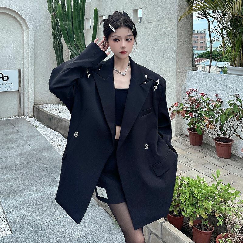 여성용 블랙 세트 재킷, 어깨 패드 블레이저, 금속 단추 장식, 느슨한 피팅 세트