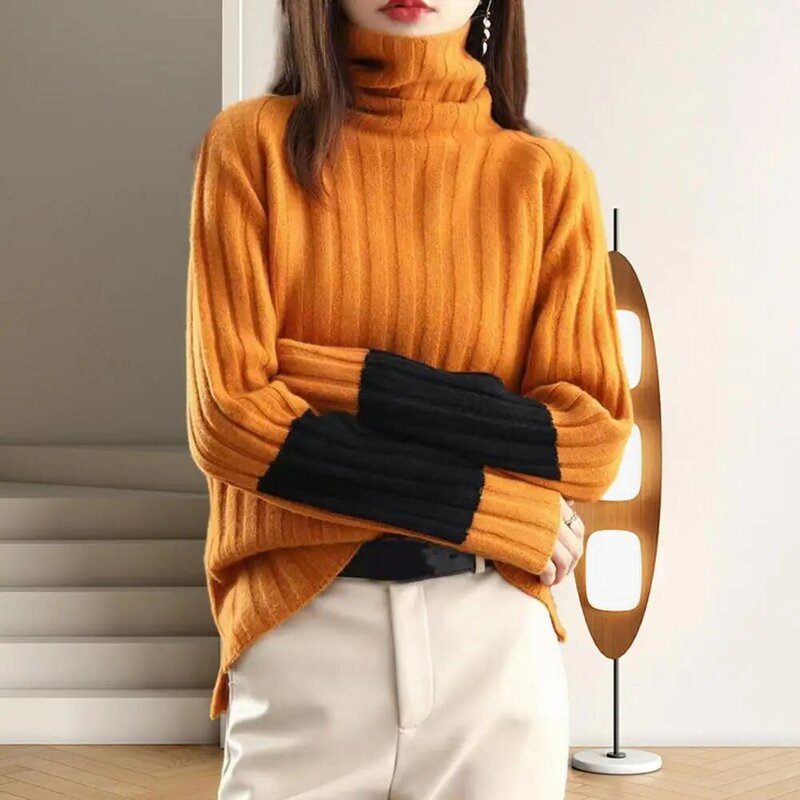 Suéter elástico de cuello alto para mujer, suéter de ajuste suelto suave y acogedor con protección de cuello, Jersey de punto cálido de Color