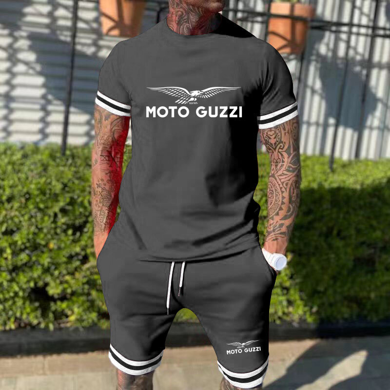 New sports T-shirt Set Moto guzzi print Summer men's Fitness Running Sweat Proof short sleeve set (short sleeve + shorts)