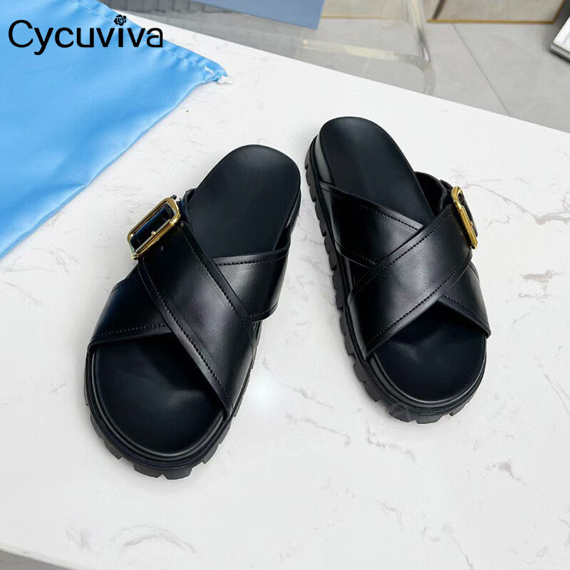 Chinelos pretos de couro real para mulheres, slides de plataforma, sapatos de praia, sandálias de grife, férias, verão, marca