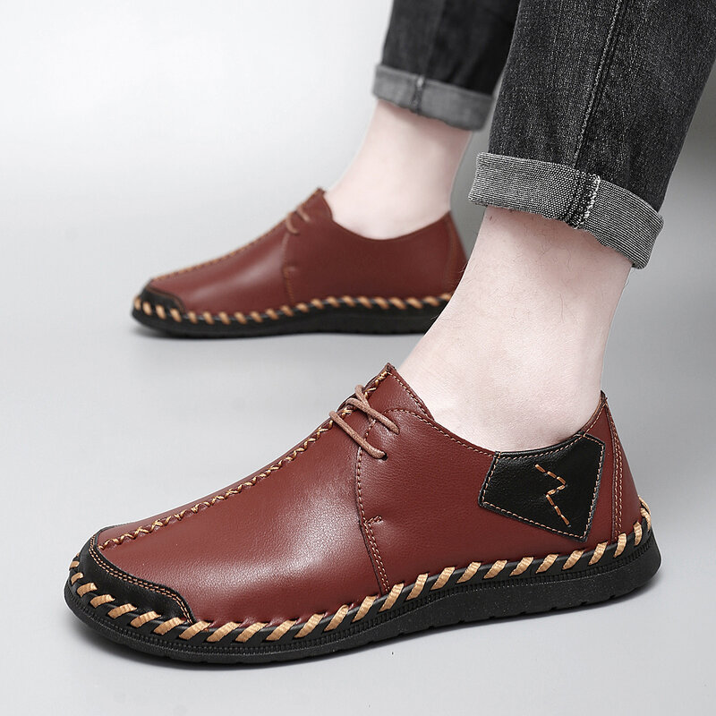 Zapatos informales de gran tamaño para exteriores para hombre, con costura hecha a mano pura y cordones