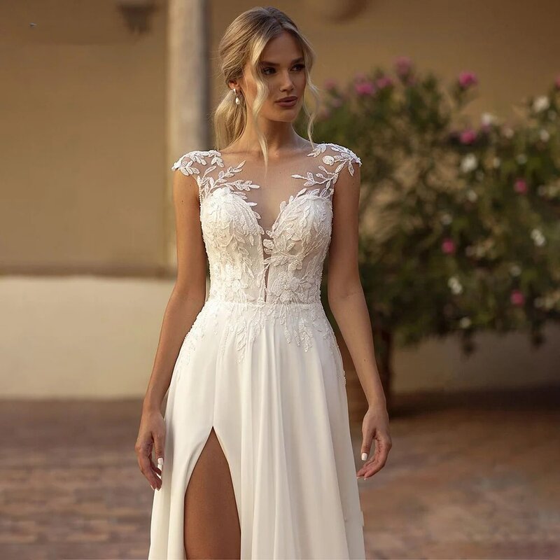 Chiffon O-Neck Illusion Back Beach Side Split Applique Bridal Party Gown Vestidos De Novia 2024 Customize To Measures Stunning
