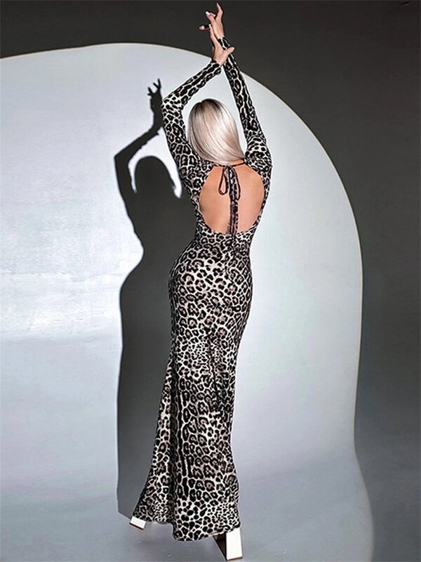 Сексуальное вечернее платье с открытой спиной и леопардовым принтом, облегающее платье с завязкой и высокой талией, женское платье, облегающее ягодицы, бальное платье для выпускного вечера