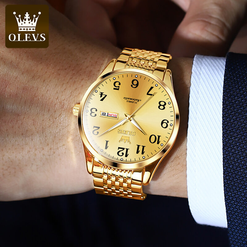 男性用olevs防水メカニカル腕時計、ステンレス鋼腕時計、週日付、ビジネスファッション、ゴールド