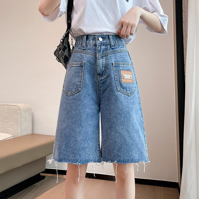 Edição coreana feminina Denim Shorts, perna larga, solta, cintura alta, fino, tamanho grande, novo, primavera, verão, 2022