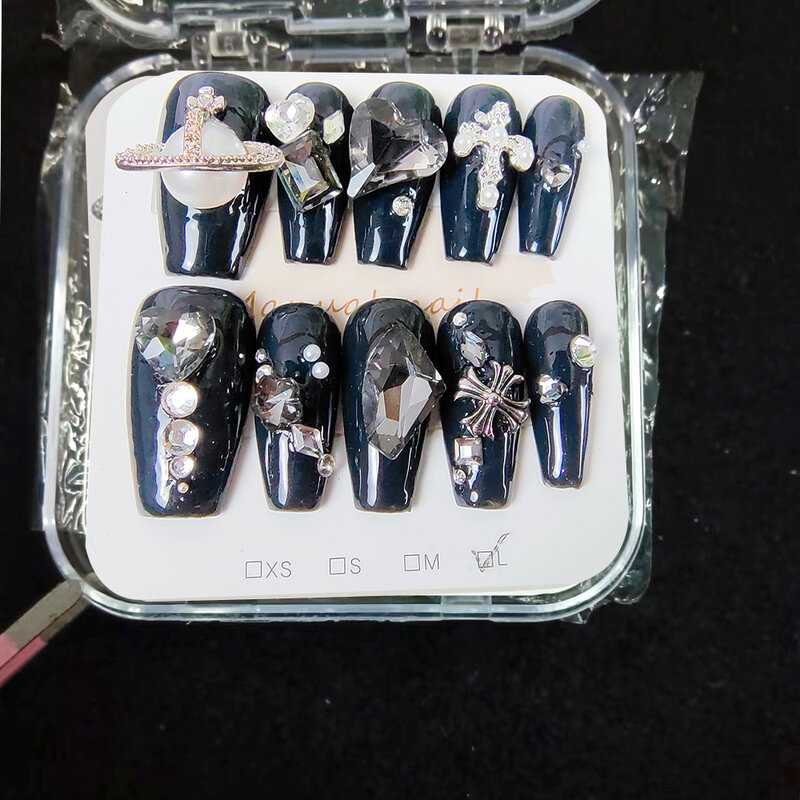 10 Stuks Handgemaakt Acryl Herbruikbare Pers Op Nagels Puur Zwarte Achtergrondkleur Felgekleurde Diamant Alles Voor Manicure