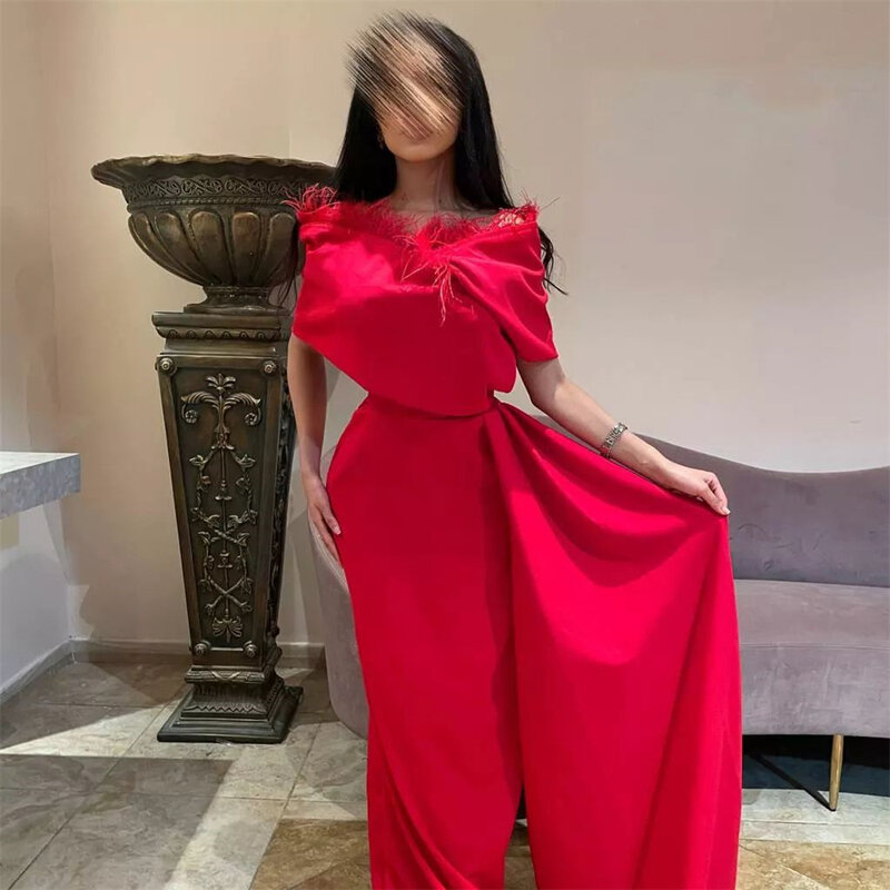 Koendye Daudi Saudi Arabia Vestidos Prom Dresses with Feathers Off Shoulder Wedding Party Guest Dress Long Maid of Honor Gowns