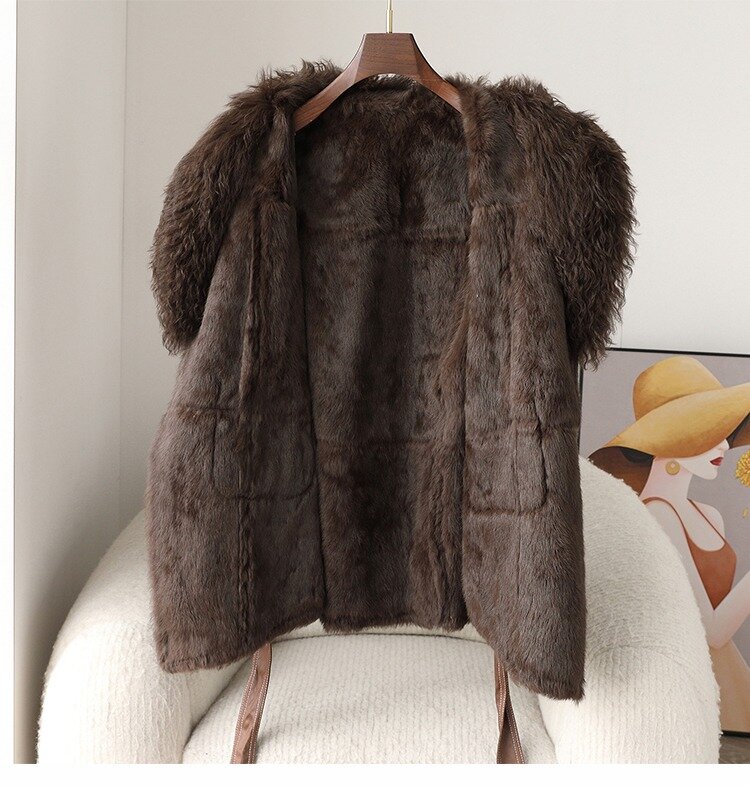 JT459 abrigo cálido de piel de conejo para mujer, cuello de pelo rizado de oveja, chaqueta de longitud media para invierno, joven