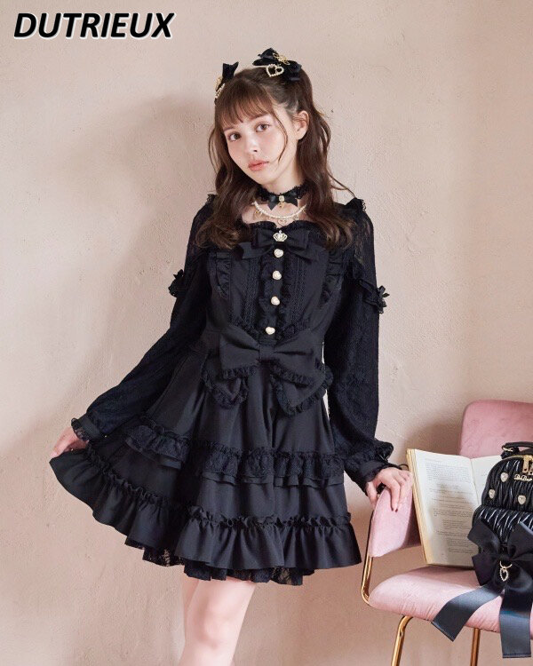 Vestido de encaje con hombros descubiertos de estilo japonés, vestido de Lolita de manga larga con lazo, capa de pastel de cinta, primavera y verano, nuevo