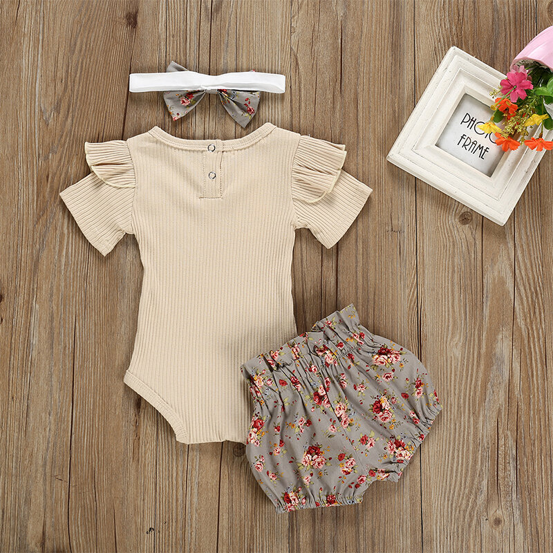 Pakaian musim panas bayi perempuan baru lahir Jumpsuit kerut warna Solid celana pendek bunga lengan pendek ikat kepala 3 potong pakaian bayi