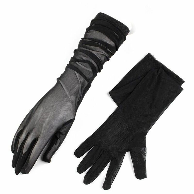 Черные женские перчатки для вождения автомобиля, длинные пальцы, УФ-защита, эластичные варежки, солнцезащитные рукавицы, ультратонкие перчатки, сетчатые перчатки