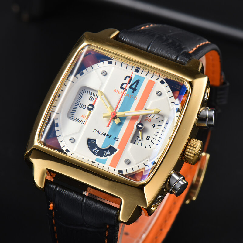Relógio mecânico em aço inoxidável masculino, perspectiva casual para ver através do relógio de quartzo, preto laranja e azul, couro genuíno, novo