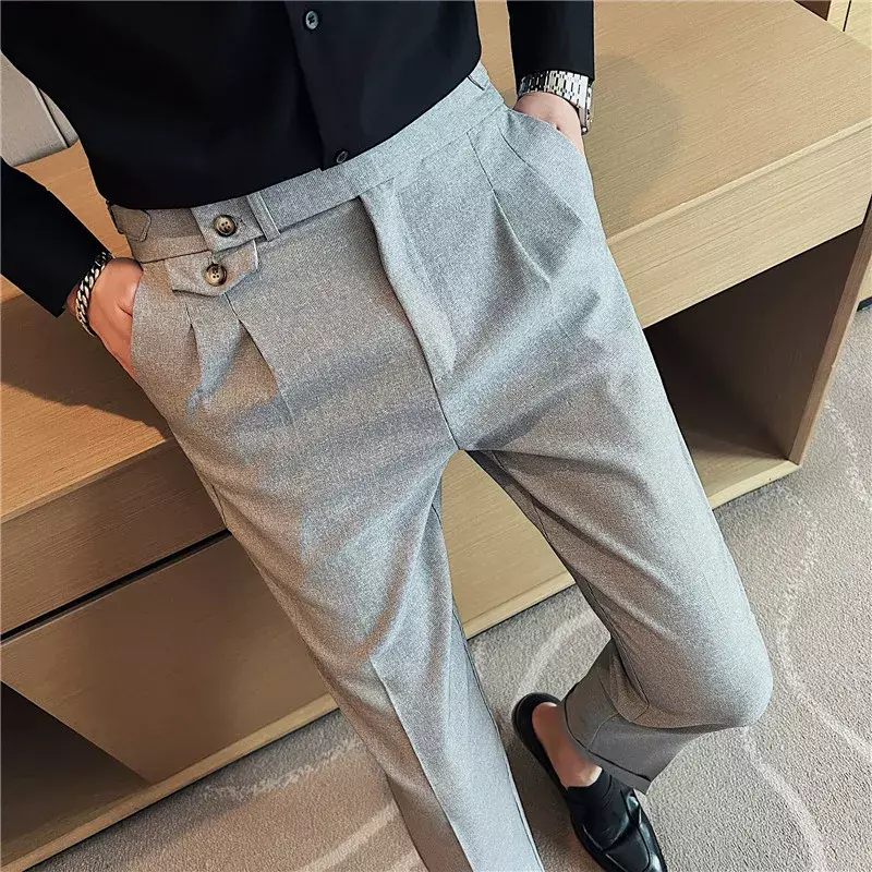Мужские классические брюки с высокой талией в британском стиле, осень 2023, однотонные повседневные брюки, облегающие деловые Костюмные брюки, модная мужская одежда