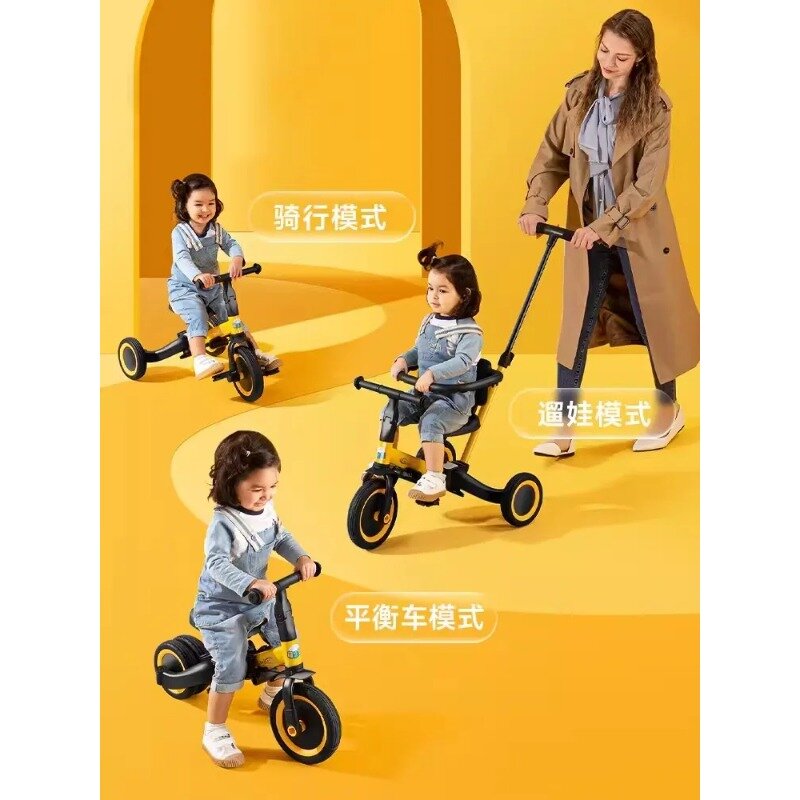 Pedal sepeda roda tiga anak-anak, kereta keseimbangan multi-fungsi, kereta dorong tangan tiga roda berjalan
