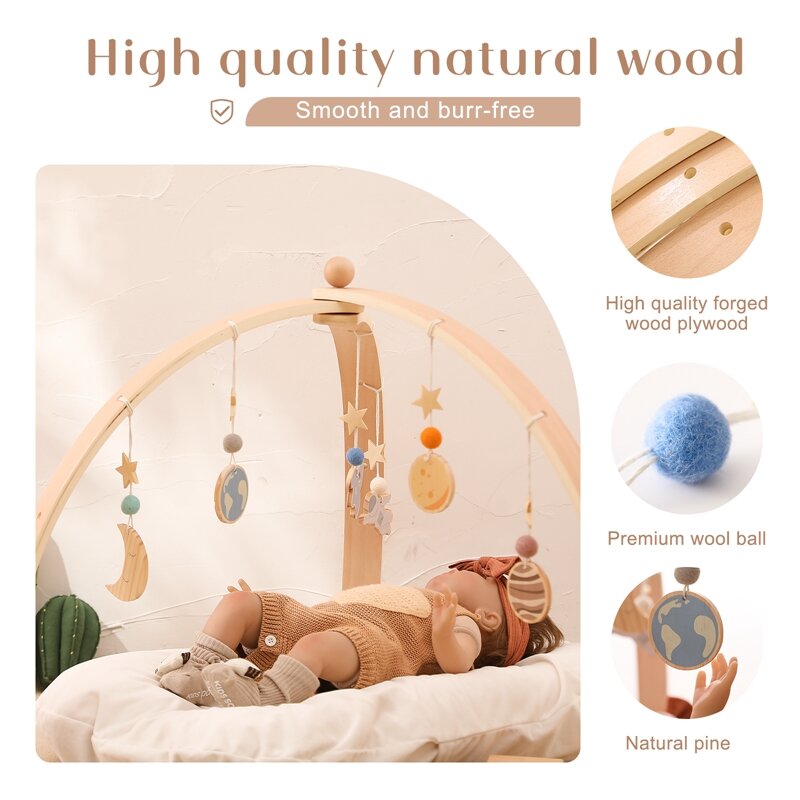 1set Natural Wooden Baby Gym Frame With Star Pendant Triangular Curved Shape Foldable Activity Gym Toys Shower Gifts Room Decor
