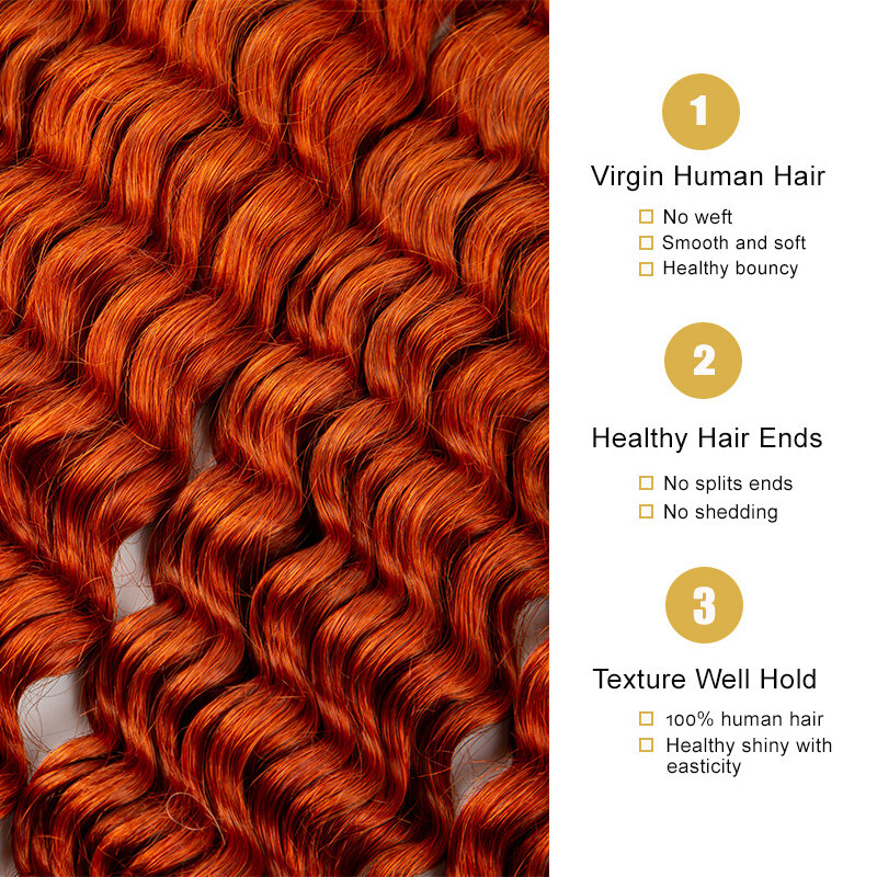 Cabello humano virgen 350 para trenzas bohemias, pelo de onda profunda, rizado a granel, trenzado, sin trama, extensión de cabello Natural de jengibre