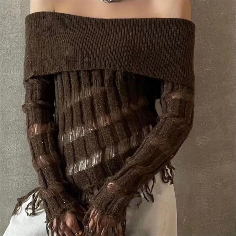 Damski seksowny sweter odsłoniętymi ramionami, wydrążony frędzlami, asymetryczne bluzki dzianiny 066C