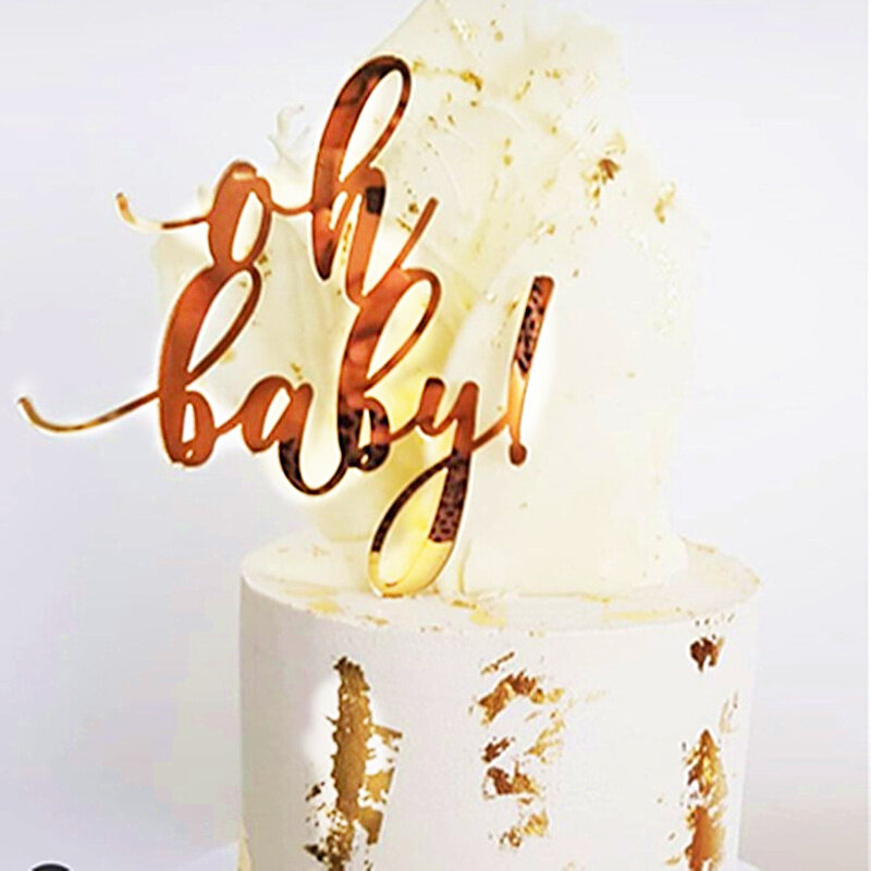 Oh Baby atasan kue ulang tahun, puncak Cupcake pesta pernikahan pengantin akrilik emas merah muda untuk dekorasi makanan penutup, pesta Pancuran bayi