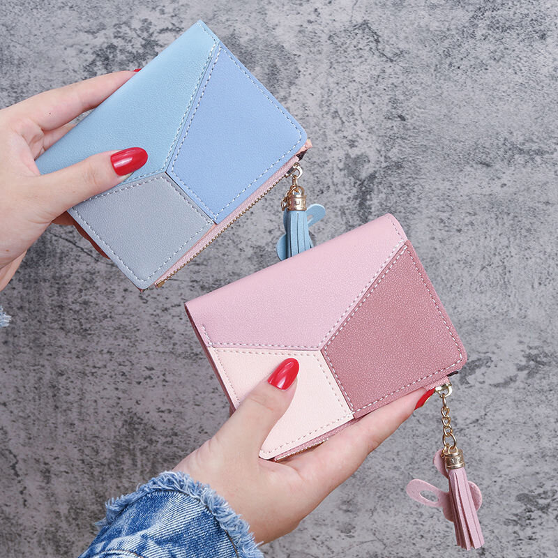 Krótki damski portfel zamek błyskawiczny portfel z frędzlami studencka koreańska wersja zszywana w kontrastowym kolorze moda portmonetka torba na karty