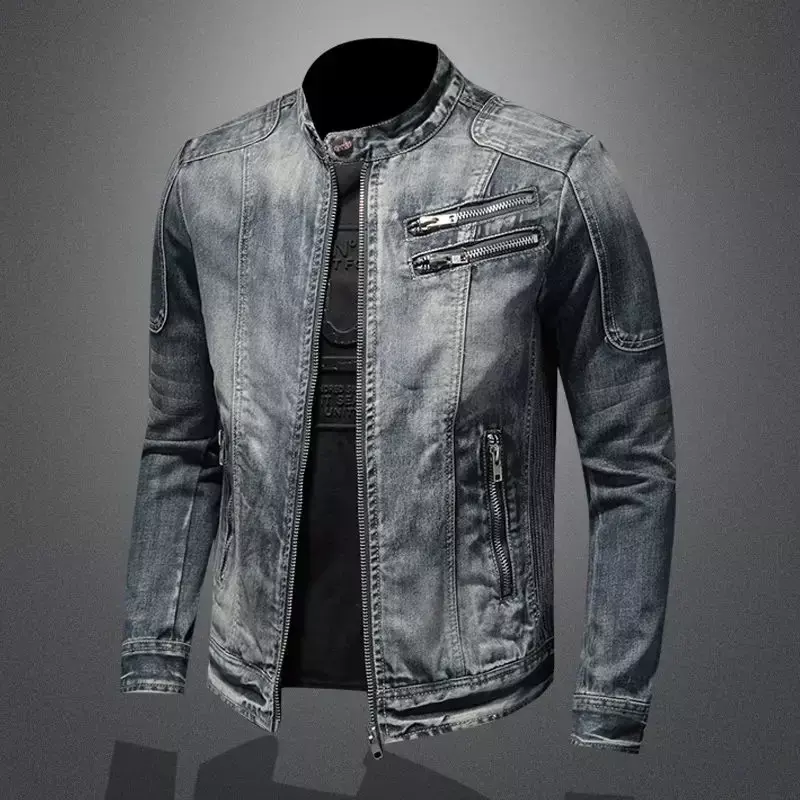 Jaqueta jeans casual de gola alta masculina, jaqueta com zíper, roupa de motociclista bonito, tops jeans, moda retrô, nova, 2023