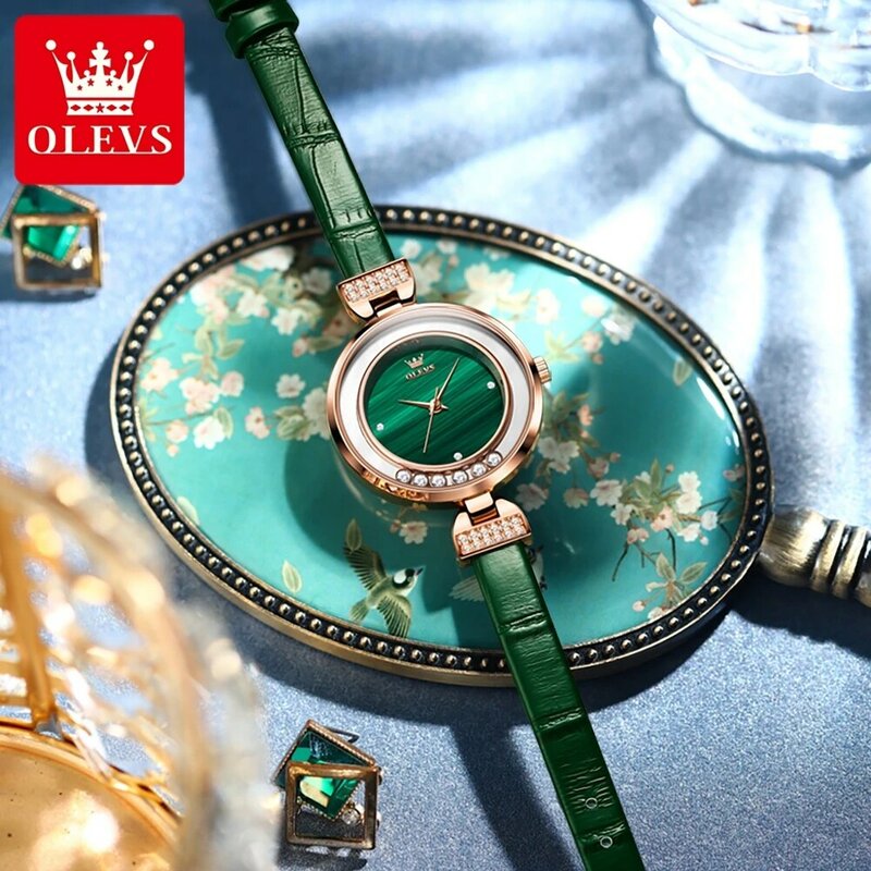 OLEVS jam tangan Quartz wanita, Arloji kulit hijau elegan sederhana tahan air untuk perempuan