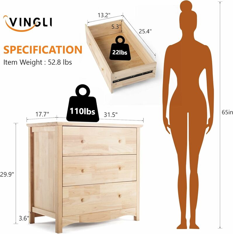 Upgraged Unfinished 3 Drawer Dresser for Bedroom Natural Solid Wood , Farmhouse Dresser with Spacious Storage Chests of Drawers