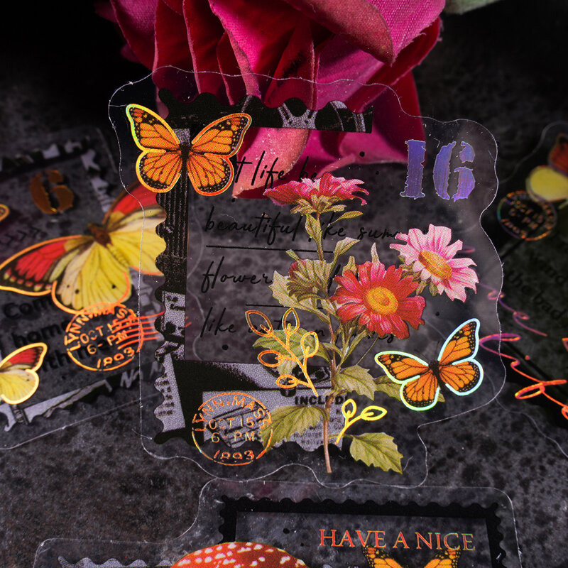 레코드 꽃과 포스트 시리즈, 레트로 크리에이티브 장식, DIY PET 스티커, 8 팩/로트